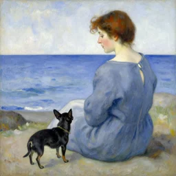a woman and her black chihuahua by the sea odilon redon