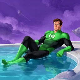 Christoper Reeves as a Green Lantern, lounging by an infinity pool, on an alien planet with Purple clouds, concept art, trending on Artstation