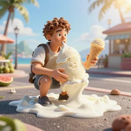 a man made of icecream melting in the sun realistic cinematic 3 5 mm