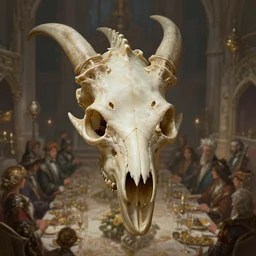 dragon skull high above a castle banquet, deep focus, d & d, fantasy, intricate, elegant, highly detailed, digital painting, artstation, concept art, matte, sharp focus, illustration, hearthstone, art by artgerm and greg rutkowski and alphonse mucha