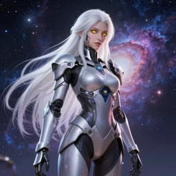perfect android girl family, full body character design, warframe armor, beautiful face, scifi, futuristic, galaxy, nebula, bae suzy, dreamy, long white hair!!!, yellow cyborg eyes, sharp focus, cinematic lighting, highly detailed, artstation, divine, by huifeng huang, smooth gradient.