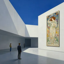 painting of interior shot of a white concerete brutalist museum by darek zabrocki and greg ruthkowski, alphonse mucha, simon stalenhag and cinematic and blue cold atmospheric, archillect concept art, artstation, trending on artstation