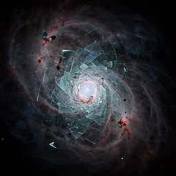 flying broken glass shards, outer space nebulas, irregular non-symmetrical fractals, fisheye lens, distortion, motion blur