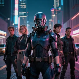 4 k remaster extremely detailed cinematic movie still from blade runner 2 0 4 9 of a robocop as a girl in gasmask. in the street, megabuildings, face by artgerm, cyber noir, bokeh, denis villeneuve, rich colors, night, road