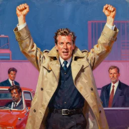 oil painting of synthwave peter falk as columbo, wearing a trenchcoat, his arms raised in victory. by frank frazetta and drew struzan.