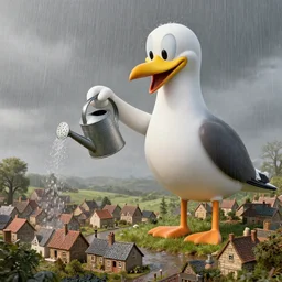 the Giant Gulliver using a watering can to drop rain on the tiny town of Lilliput, nineteenth century, photorealistic, f16, rendered in octane