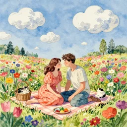 late morning picnic scene in nature, a couple in love, fields of colorful flowers, clouds, a sleeping cat, by moebius, by jean henri gaston giraud, by jean gir, psychedelic fantasy and surrealism, watercolor with pen outlines