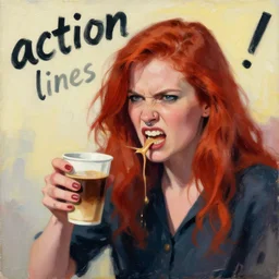 red haired woman holding coffee, septum piercing, spilling liquid, enraged, painting by phil hale, 'action lines'!!!, graphic style, visible brushstrokes, motion blur, blurry