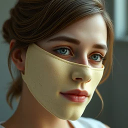 complex 3 d render hyper detailed ultra sharp beautiful stunning emma watson having pancake on face, pancake on her face, medium shot portrait, close - up, pancake mask texture, octane render, 8 k