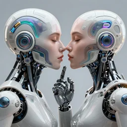 two robots, photography, kiss of victory, female face, cyberpunk cyborg, sci - fi, intricate abstract upper body intricate artwork, by tooth wu, wlop, beeple, dan mumford. concept art, octane render, deviantart, greg rutkowski, cinematic arthouse, key art, hyper realism, iridescent accents