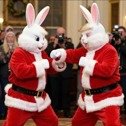 CCTV footage screenshot of Donald Trump wearing a Santa Claus outfit getting in a fist fight with the Easter Bunny, 4k