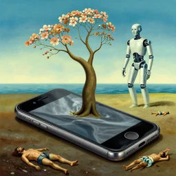 a warped melted smartphone, a new tree blossoming, a human robot rising from the ocean and humans falling into the ground in the style of salvador dali