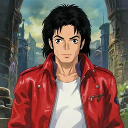 medium shot and face central portrait character concept art design, anime key visual of an muscular calm archaeologist adventurer michael jackson rockstar in thriller red leather jacket, looking foward, studio lighting delicate features finely detailed perfect art, at an ancient city, gapmoe yandere grimdark, trending on pixiv fanbox, painted by greg rutkowski makoto shinkai takashi takeuchi studio ghibli