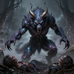 half Krampus half Werewolf Snatching up victims in its claws, style of Okuda San Miguel, terrifying, breathtaking, opalescent style. Highly detailed, cinematic, dramatic