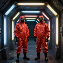 two scientists wearing red rick owens hazmat suits in a tunnel of rainbow colored fluorescent lights by frank frazetta