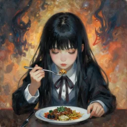 painting of cute anime girl eating her dinner by zdzislaw beksinski, by dariusz zawadzki, by wayne barlowe, amazing details, gothic, surrealism, cosmic horror, lovecraftian, cold hue's, warm tone gradient background, concept art, beautiful composition