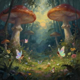 a whimsical painting of fairies and butterflies with iridescent wings in a prehistoric garden world with dinosaurs. giant mushrooms. dark atmosphere. soft light. just before dawn. fantasy art. trending on artstation