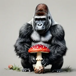 gorilla holding an amanita muscaria made by banksy
