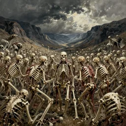 prophecy, moody, amazing concept painting, art station, by Jessica Rossier and HR giger and Beksinski, the middle of a valley; it was full of bones,  bones that were very dry, there was a noise, a rattling sound, and the bones came together, bone to bone , I looked, and tendons and flesh appeared on them and skin covered them, but there was no breath in them and breath entered them, they came to life and stood up on their feet a vast army