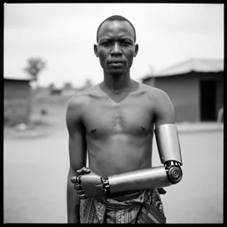 an analogue photo of a Tribal Igbo man with robotic prosthetic arm, black & white, national geographic, 35mm, f/1.4,