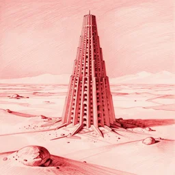 a desolate vast infinite desert landscape with a lonely looming highly detailed greebled brutalist tower of babel monolith in the center, drawn by tsutomu nihei with red pencil and painted by zdzislaw beksinski, inked in bright red ink, crimson