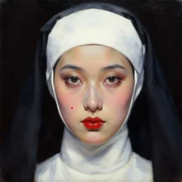 hyperrealism oil painting, complete darkness background, close - up face portrait from up, nun fashion model, small spot of red paint on face, in style of classicism mixed with 8 0 s sci - fi japanese books art