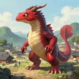 game character beautiful giant kaiju sized dragon half fish half salamander, wet amphibious skin, red salamander, axolotl creature, korean village by Ruan Jia and Gil Elvgren, fullbody
