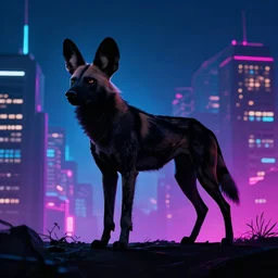 a cyberpunk african wild dog, silhouette against a cityscape, neon, by paul lehr
