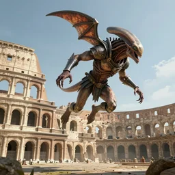 concept art of a gladiator flighting (alien) monster in the colosseum, UE5, sunny, suspenseful! 4k