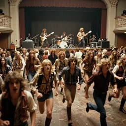 people running in fear, crowd running in fear at concert hall, concert hall circa 1 9 6 9, 1 9 6 9 photograph, death metal band blast beat, death metal band playing to hippies, woodstock 1 9 6 9, death metal, crowd running away, scared hippies, 8 mm photo