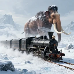 an intricate futuristic black steam train and a giant mammoth, post - apocalyptic ice landscape with heavy snow, concept art, artstation, highly detailed, digital art