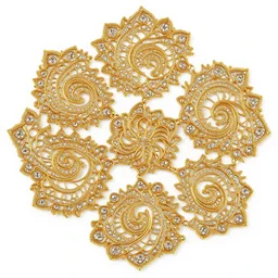 lace jewelry arranged in fractal 3 d patterns, made of gold, layers of intricate swirling fractals, woven glittering jewels, three - dimensional structures in space, blooming, photorealistic, octane render, effervescent, sacred geometry, pattern, realistic, epic and cinematic, 3 d, clear, sharp
