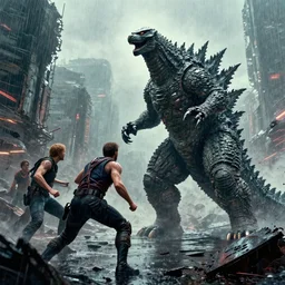 pacific rim robot fight with Godzilla in the wreckage city in the rain,by Les Edwards，Larry Elmore,angus mckie,James Paick,Ted Nasmith, trending on artstation,Blade Runner 2049,ultra realistic,high detail,golden ratio,cinematic lighting,maximalist