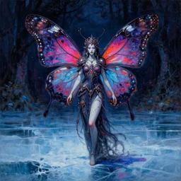 an ornate regal butterfly priestess made of shattered hopes and mystical dreams, grimdark fantasy painting of a cosmic butterfly on a shadowed forest background. the avatar of a butterfly goddess dancing on a frozen lake in the darkness void realm. a painting in neon inks, by wayne reynolds, by claude monet, by carl critchlow, by piet mondrian