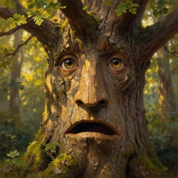 a talking oak tree, a face in the bark, nose made of wood, eyes in the bark, mouth in the bark, fantasy concept art, leaves and moss, digital painting, oil painting, hyperrealistic, treebeard, ent, highly detailed, golden sunlight, very detailed eyes, artstation, cgsociety, in the forest, by alan lee, by artgerm