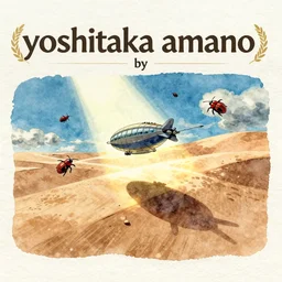 anime movie screenshot, paper texture, ( ( simple watercolor ) ) by ( ( ( ( yoshitaka amano ) ) ) ), by ghibli!!! nausicaa!!!, desert!!!!, rim light, long shadows, bright, scenic, miyazaki, vibrant, dof, motion, airship, flying beetles