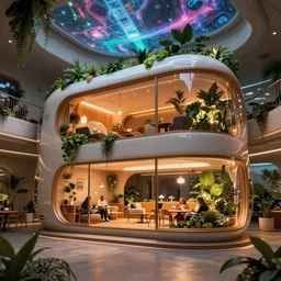 very wide cinematic shot inside a scifi epic scale capsule hotel, modern lush condo as shopfront with terrarium lounge area, cathedral ceiling with holographic sky art ceiling, detailed archviz render, archdaily, scifi artstation concept, comfy amber lighting, star citizen, fine details, unreal engine, hyperrealism, realistic shading, blender render