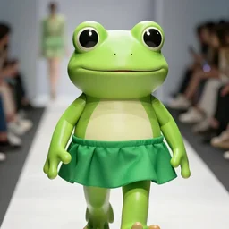 fashion show with a cute smiling green tree frog dressed in a green skirt, photo realistic, matte image