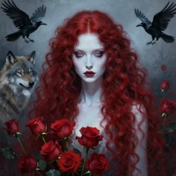 a portrait of a ice queen with long dark curly red hair, stoic, pale skin, alone dramatic, epic painting, painted by artgerm and wlop, cgsociety, roses, wolf, crows beautiful, artbreeder, artstation, octane render, sharpness, 8 k, golden ratio