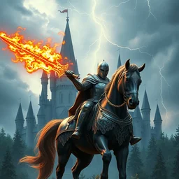 knight mounted in a horser, wielding a great sword of fire, standing in frontal of a castle, castle realistic, armor electricity hyperrealism, big forest world fantasy hyperrealism, sky lightnings artstation realistic