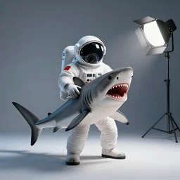shark attacking a studio photo still of a full body open mouth shark in a space suit, 8 k, studio lighting, key light from right side,