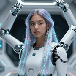 beautiful futuristic himba girl in a white space station, robotic arms, fiber optic hair, hyperrealistic, sci - fi