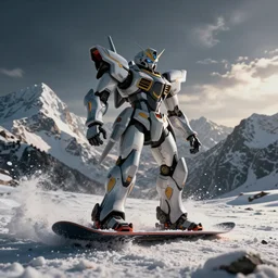 a mecha snowboarding in dramatic mountain scenery, dramatic lighting