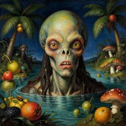 a close - up portrait of a tropical zombie alien surrounded by water, colorful fruit, palm trees and mushrooms. surrealism. night background. highly detailed science - fiction fantasy painting by norman rockwell, moebius, frank frazetta, syd mead, and stanislaw fernandes. rich colors, high contrast. renaissance masterpiece. artstation