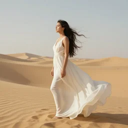 a woman with long flowing hair and a flowing white dress in the desert by robert mccall