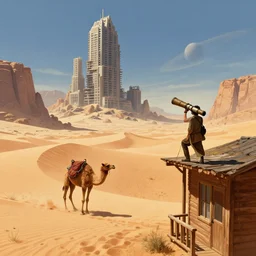a beautiful illustration of a man on the perch of a wooden home with a giant telescope strapped to the back of a giant mutant camel traveling a desert of massive dunes towards a brutalist abandoned skyscraper half-buried in a desert wasteland of cliffs and sand with a ringed planet on the horizon in the style of Rob Lefield and Ralph McQuarrie, Daniel Merriam :.1, trending on artstation, digital art, third person perspective, viewed from below, looking up, wide angle, establishing shot