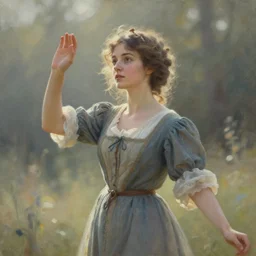 action heroine. gouache fairytale art, russian romanticism, muted palette, backlighting, depth of field, bokeh.