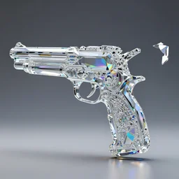 geometric mathematical gun shaped crystal sculpture with ornate crystal glass elements reflecting rainbows into iridescent patterns in the shape of a gun by jack storms, octane render, 4 k, intricate, detailed, 3 d