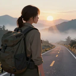 female ranger, back view, close up, backpack, free hands, beautiful, atmosphere, vibe, mist, road, sunrise, muntains in the distance, concept art illustration, color page, tone mapping, akihiko yoshida, james jean, andrei riabovitchev, marc simonetti, digital illustration, greg rutowski, volumetric lighting, sunbeams, particles