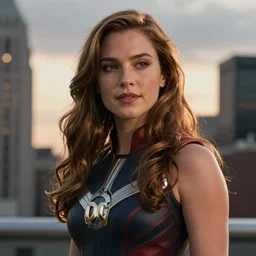 VFX movie still frame portrait beautiful DC vs. Marvel hero woman natural skin, hero pose, natural evening light in the city by Emmanuel Lubezki